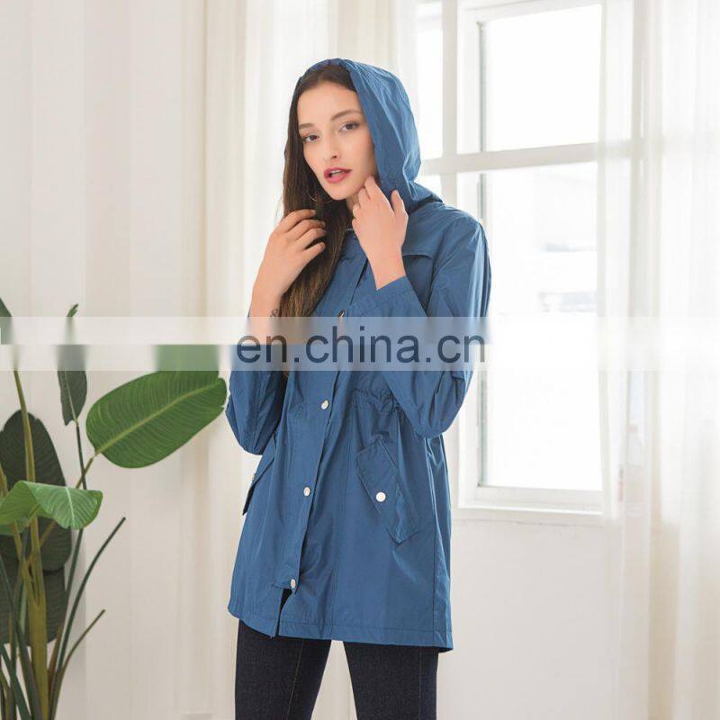 Wholesale Amazon burst casual waterproof waist hoodie female mid-autumn long raincoat ZIP jacket female