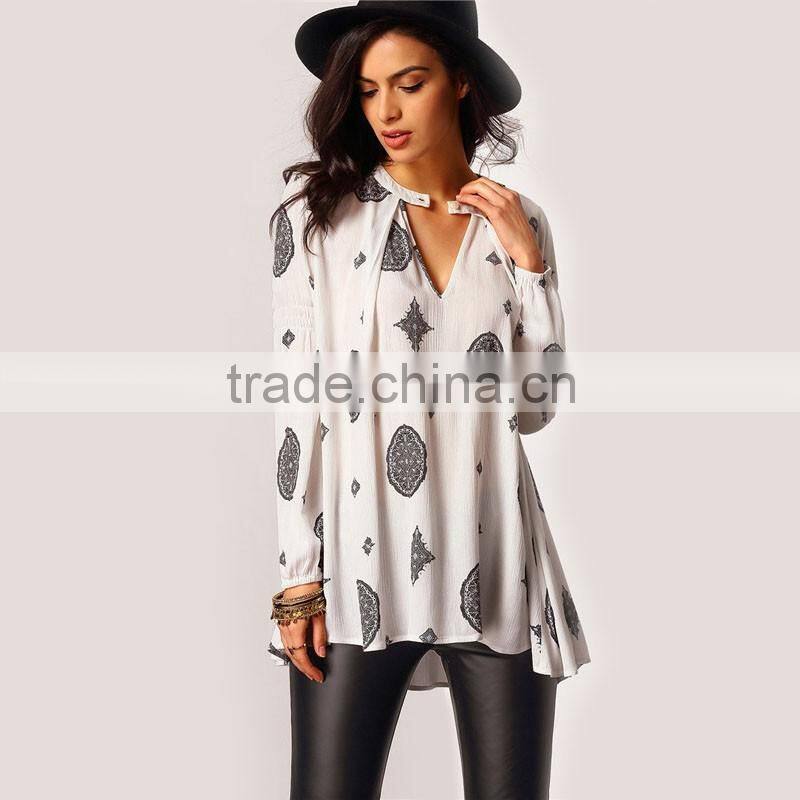 Ladies Vogue New Arrival Women's Vintage High Street Casual White Long Sleeve Cut Out Front Tribal Print Blouse B003