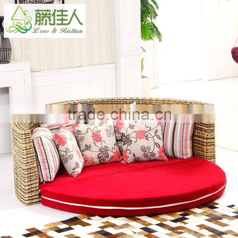 Half Circle Water Hyacinth Natural Rattan Leather Round Sofa Cum Bed