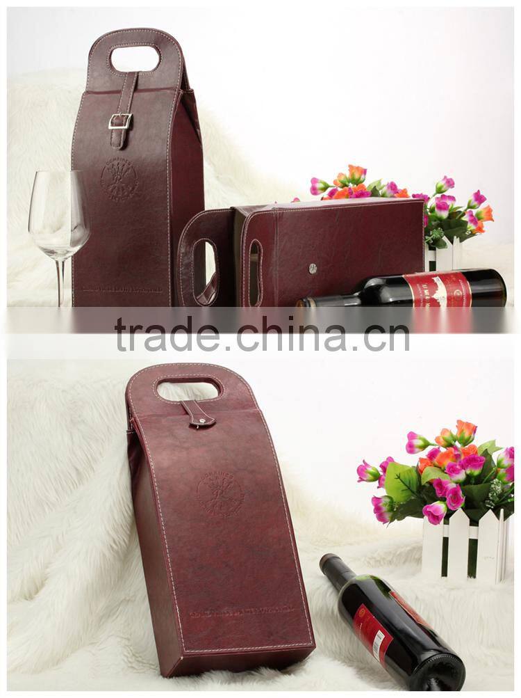 Custom Logo Printed Portable Corrugated Leather Wine Bottle Bag