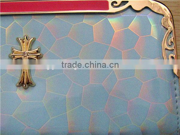 Wholesale ladies print patent pu leather long ladies wallet with iron edge