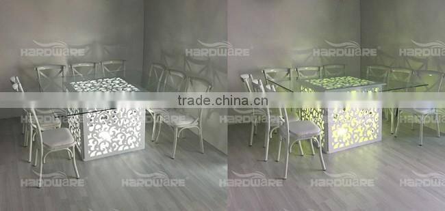 white wedding led table , square dining white table , glass top white table
