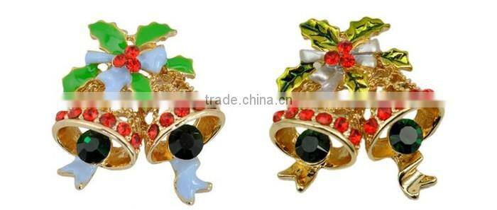 Best Christmas gift gold plated zinc alloy rhinestone epoxy small bell brooch