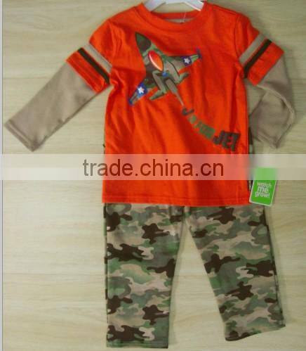 False two-piece sleeve boys 100%cotton long sleeve T-shirt with camo pant suit