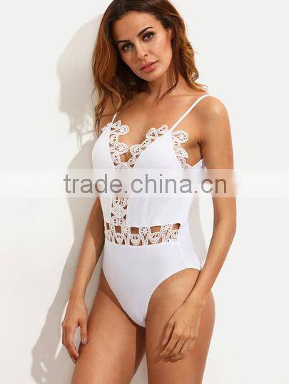 Bodysuits latest fashion design women clothing White Spaghetti Strap V Back Crochet Bodysuit