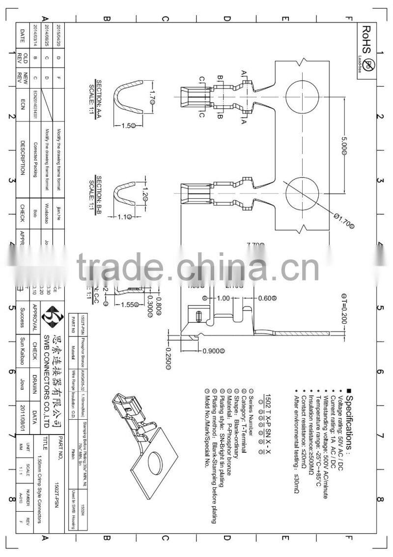 1.5mm Pitch Wire to board electronic connectors terminal housing and wafer