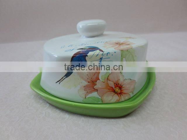 fine decal ceramic butter dish set with verdant tray