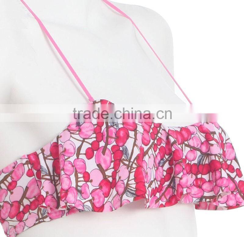 Cherry printed pink flounce top hot korean teen girl bikini with cross back