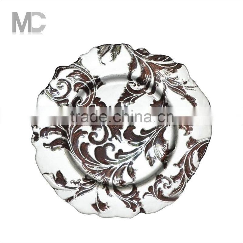 Wholesale Cheap Wedding Gold Silver Embossed 13 inch Glass Charger Plates
