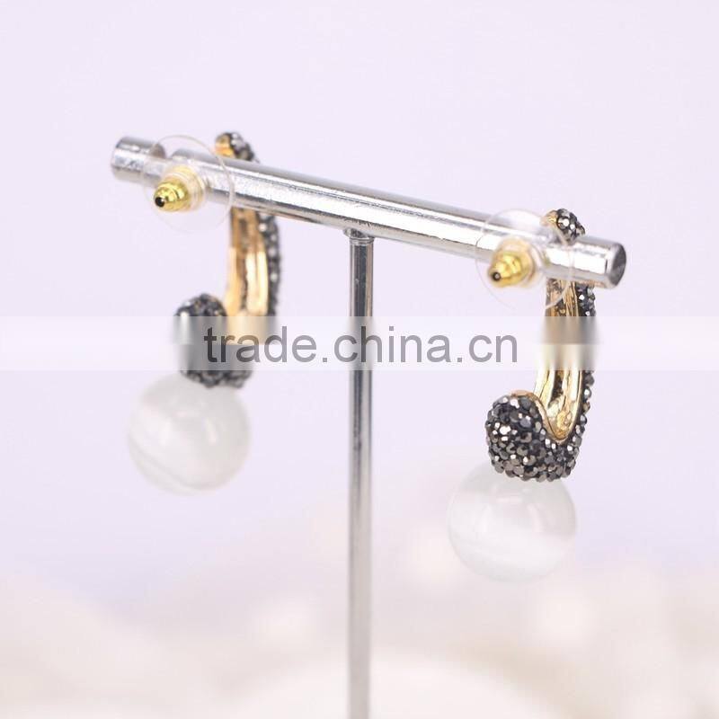 White Round Cat's Eye Earring, Metal Copper Gold Cuff Earrings, pave rhinestone stud Earring