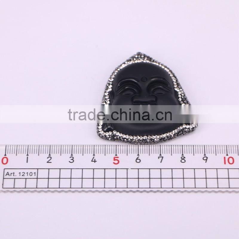 Black Obsidian Pendant, with Pave Crystal Edged Carving Obsidian Buddha Face Pendant, Gem stone Pendant For Jewelry Making