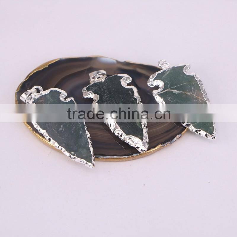 Silver Plated Edged Jasper Gem stone Druzy Pendant, Green Arrow Pendant, For Jewelry Making