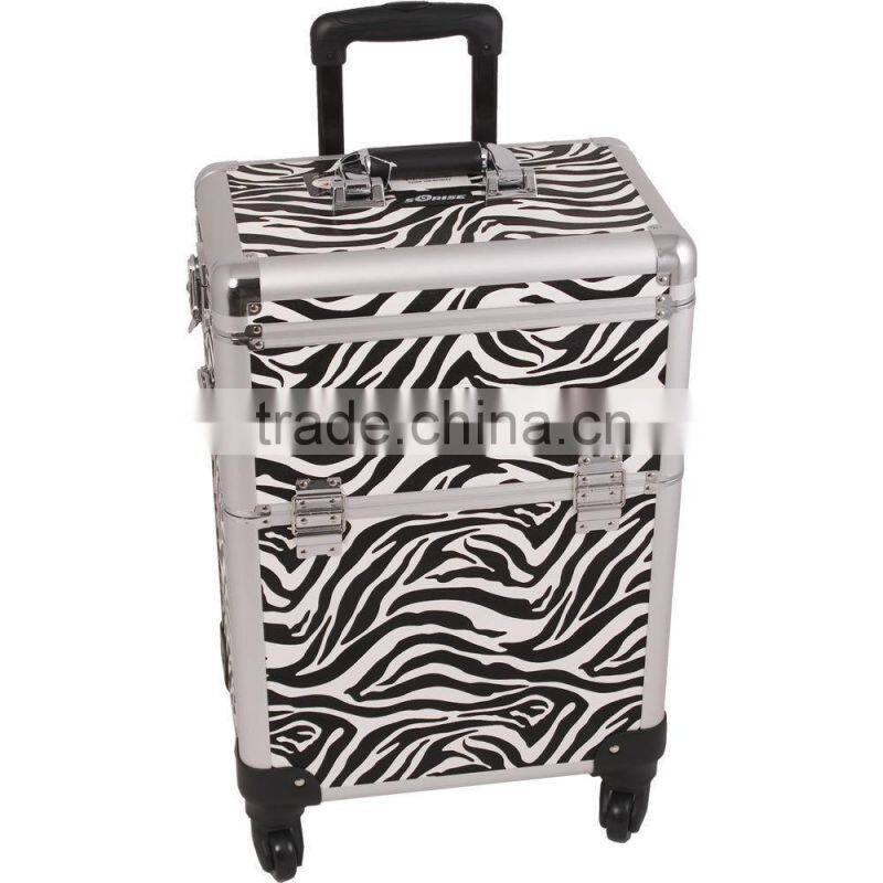 Zebra Pattern Professional Aluminum Rolling Cosmetic Case Makeup 4-Wheel Trolley