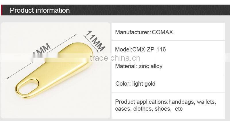 Custom Zinc Metal Flat Zip Puller and Slider With Plating Gold For Bag