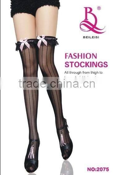 Spandex Sheer Black Stockings With Opaque Strips And Satin Bow