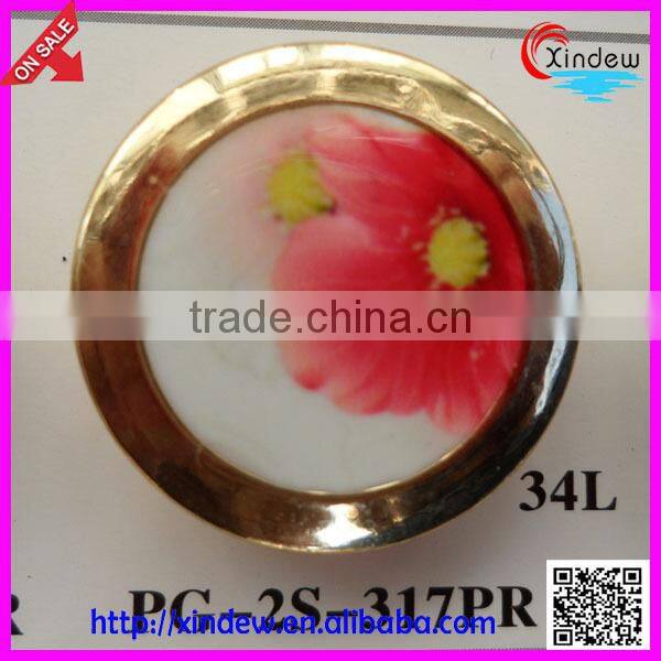 Fashion design flower printing plastic buttons with metal ring