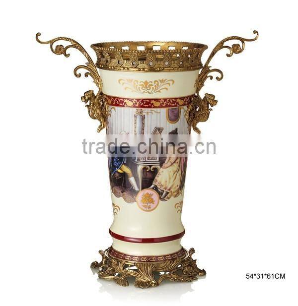 European Character Style Ceramic Egg Shaped Jar Box, Elegant Porcelain With Brass Prize Cup, Figure Design Footed Jar With Lid