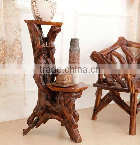Southeast Asia Style Root Carved Plant Stand, Environmental Protective Wooden Flower Shelf, Double Layer Planter (BF01-X1165)