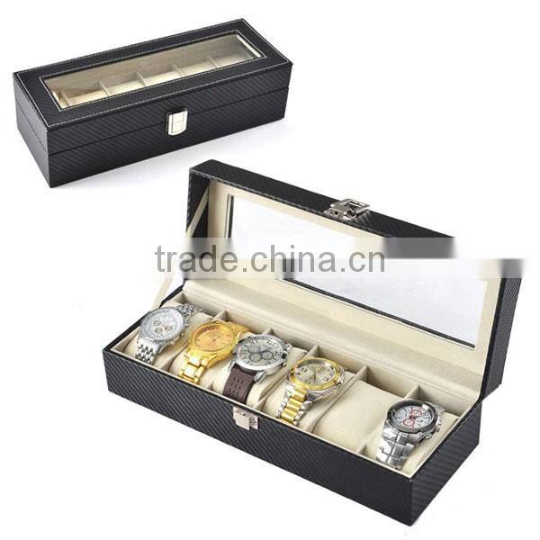 High-grade carbon fiber watch box 6 slots, transparent window display watches box