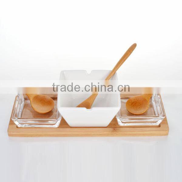 Wooden spoon set of three white ceramic soup bowl,dog bowl