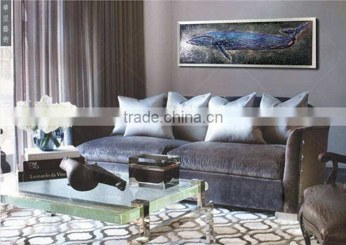 Framed handmade seascape oil painting lacuqer blue whale for home decoration