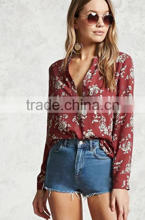 Woman Long Sleeve Stand-up Collar Button Down Floral Chiffon Blouse