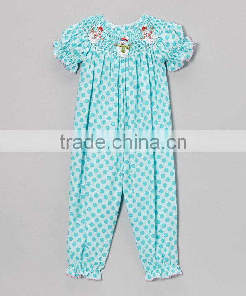 Turquoise Polka Dot Smocked Snowman Playsuit