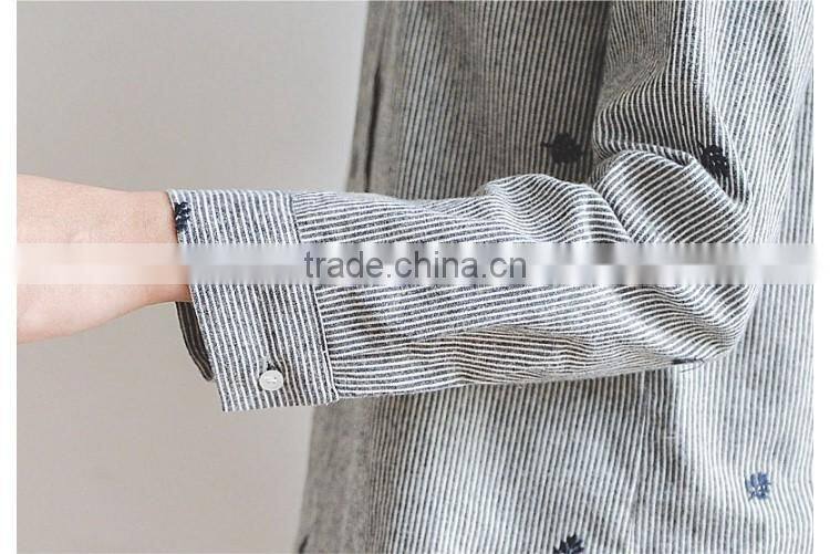 100 cotton comfortable long sleeve leaves Embroidery striped shirts for women stand collar shirts