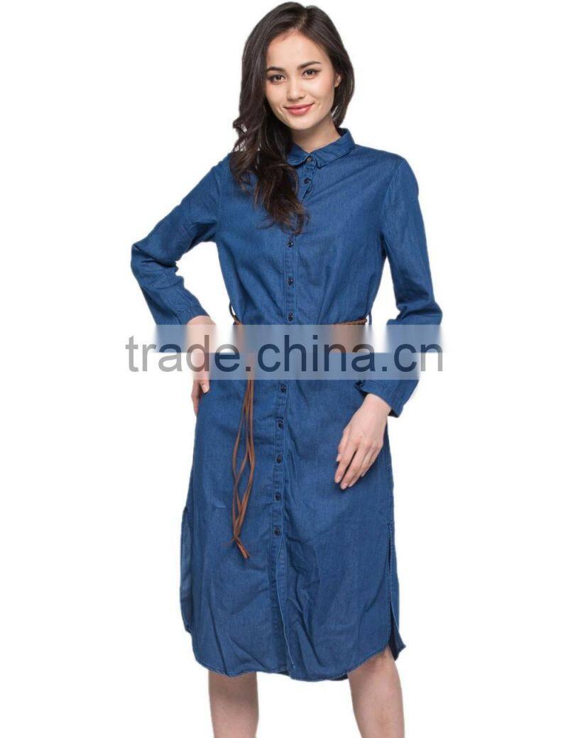 Ladies new design jeans long sleeve casual cotton longline curved hem shirt/blouse