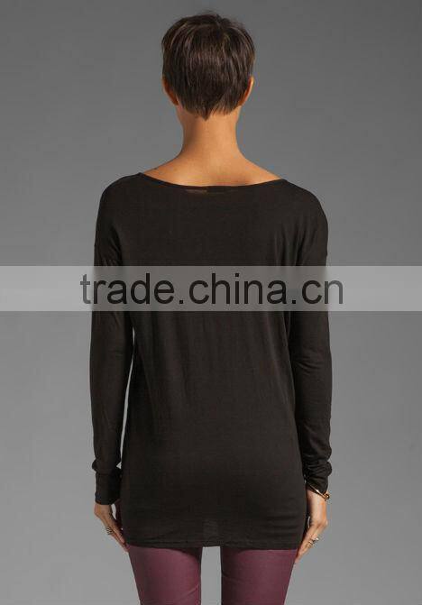 long sleeve open boat neck fashion t-shirts