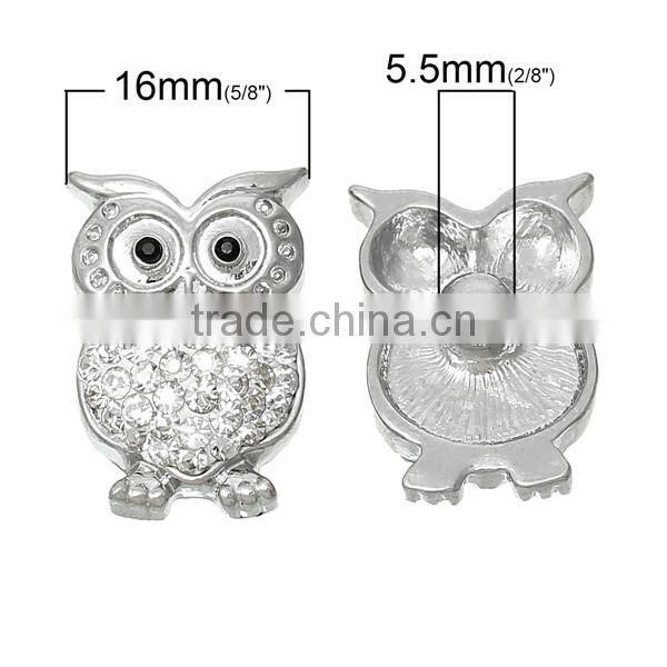 Zinc Based Alloy & Polymer Clay Buttons Fit Snap Button Bracelets Halloween Owl Silver Tone White Clear Rhinestone
