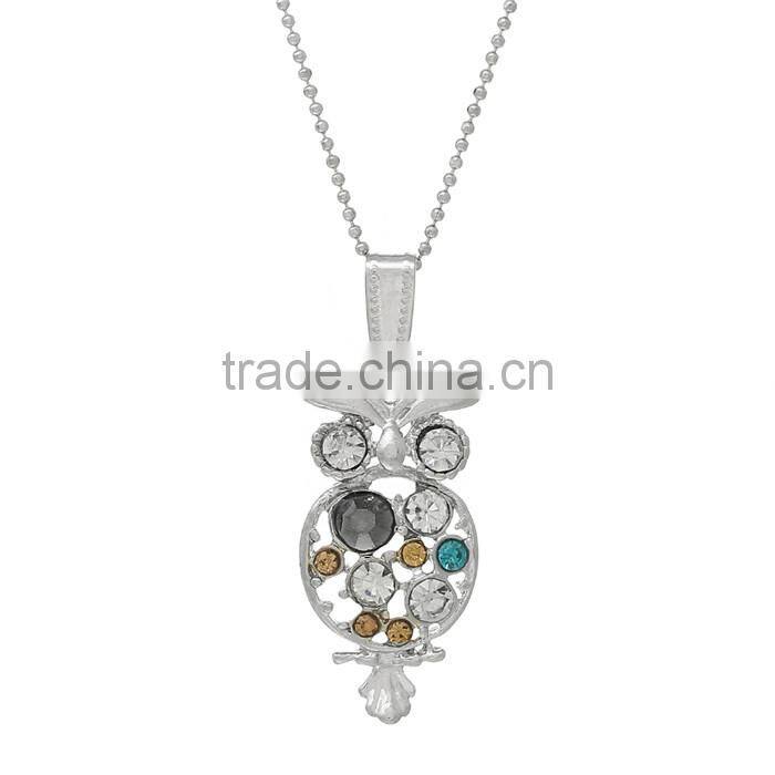 Fashion Jewelry Necklace Owl Halloween Silver Tone Multicolor Rhinestone With Lobster Clasp 44cm long