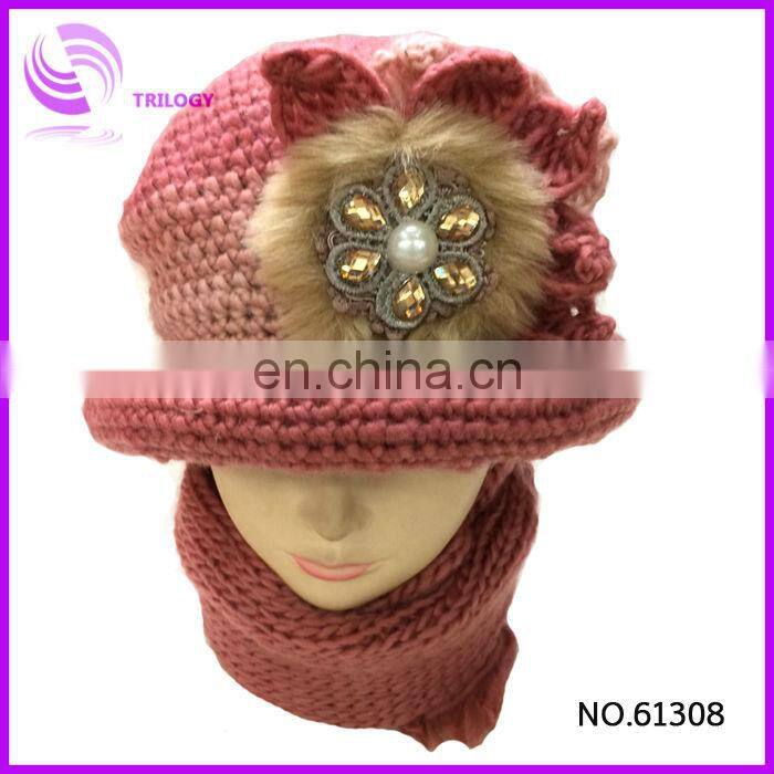 acrylic knitted lady and girls winter cap with bowknot