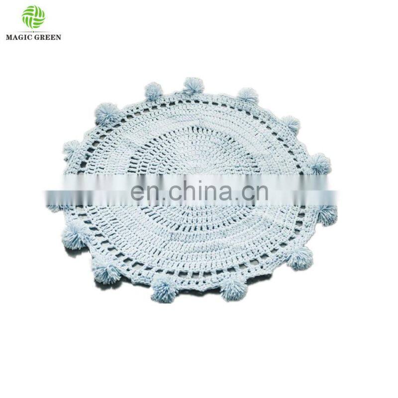 wholesale cotton round shape pom pom decor hand crochet baby kids living room floor game area large nursery rug mat blankets