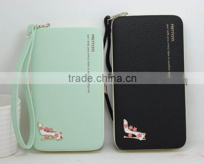 carteira feminina 2015 famous brand wallet high quality PU leather girl cluth Double Zipper purse Decorated with high heeled