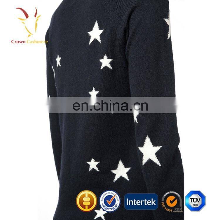 Pure Wool Knitted Star Design Black Intarsia Sweater