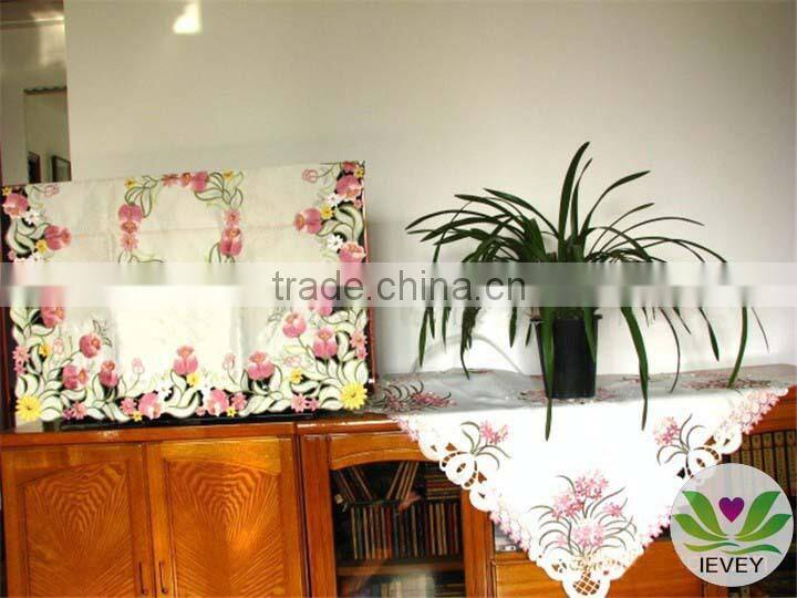 red and yellow flower lace embroidered tablecloth fabric wholesale round wedding table cover