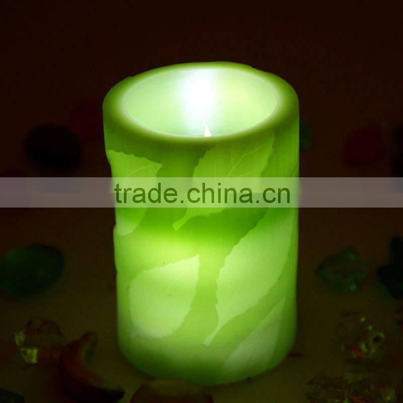 Round Pillar LED Candle With Big Leaves Engraved