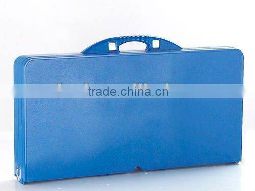 blue plastic camping table with 4 stools