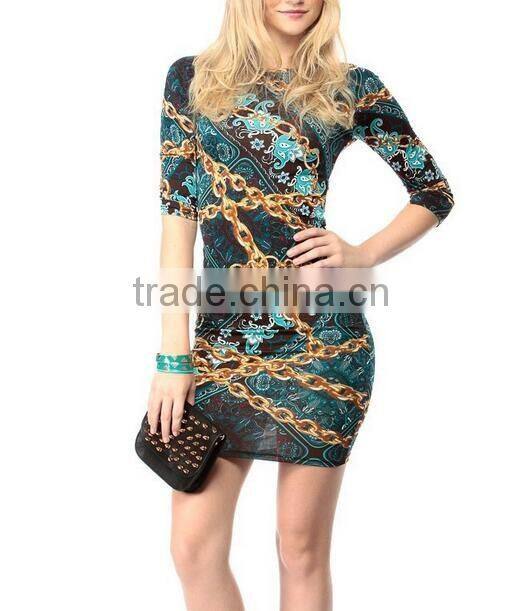 2016 Summer New Fashion Gold Chains Palace Flower Prints Sexy Elegant Women Party Dress