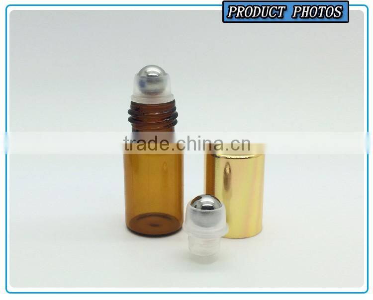 3ML amber perfume glass roll on bottle with gold cap and stainless steel roller ball