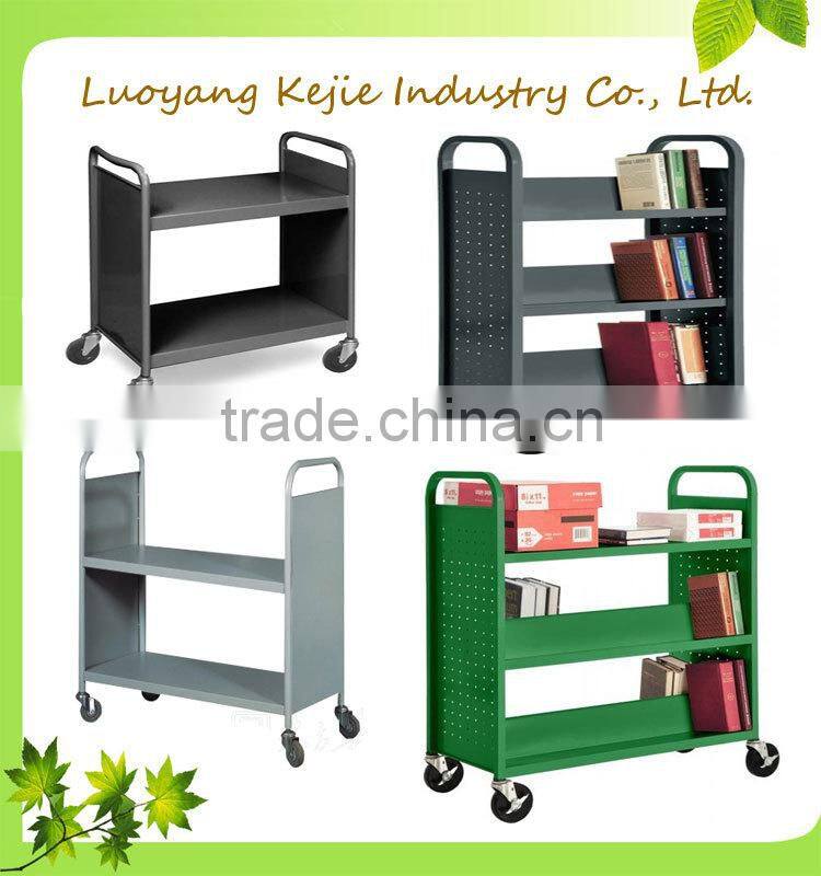 durable steel flat book cart/library trolley bookshelf/book rack shelving/steel rolling library book carts