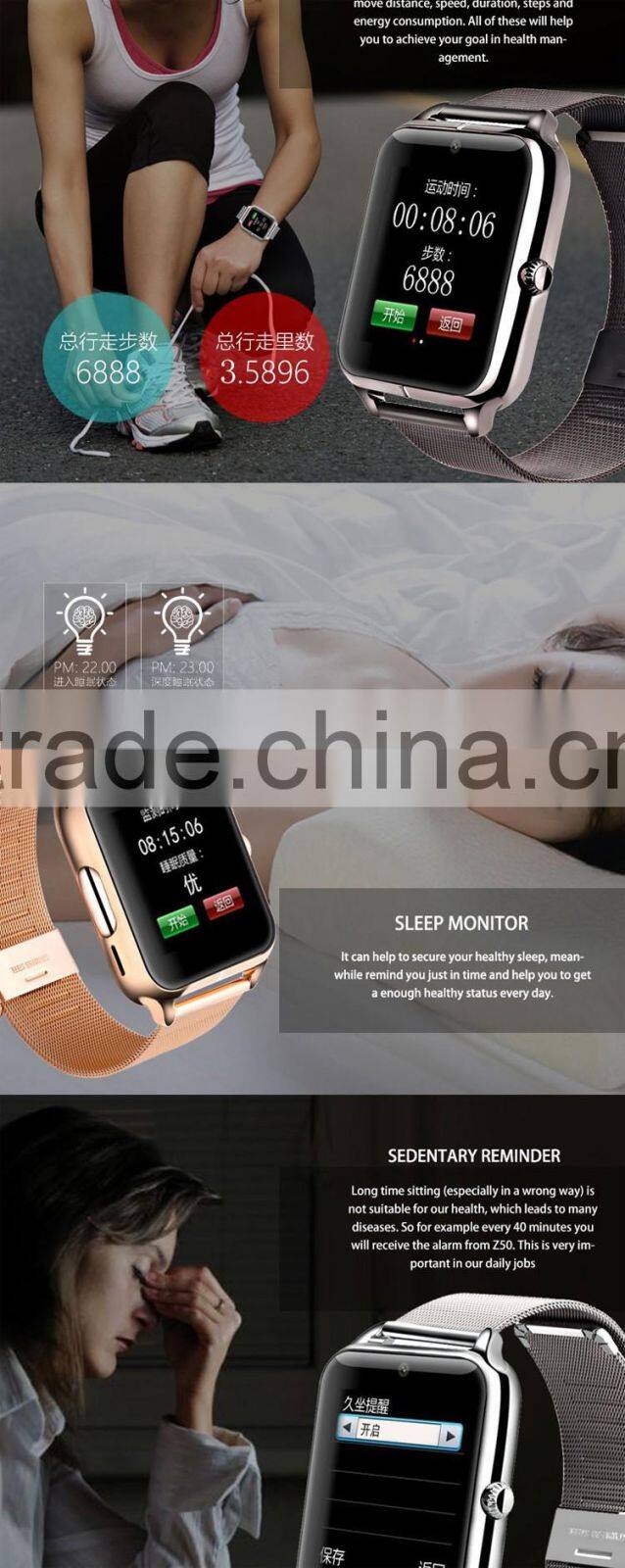 2016 New fashion Z50 Bluetooth Smart Watch with Heart Rate SIM card TF Mp3 Mp4 pedometer sleep Monitoring or IOS Android phones