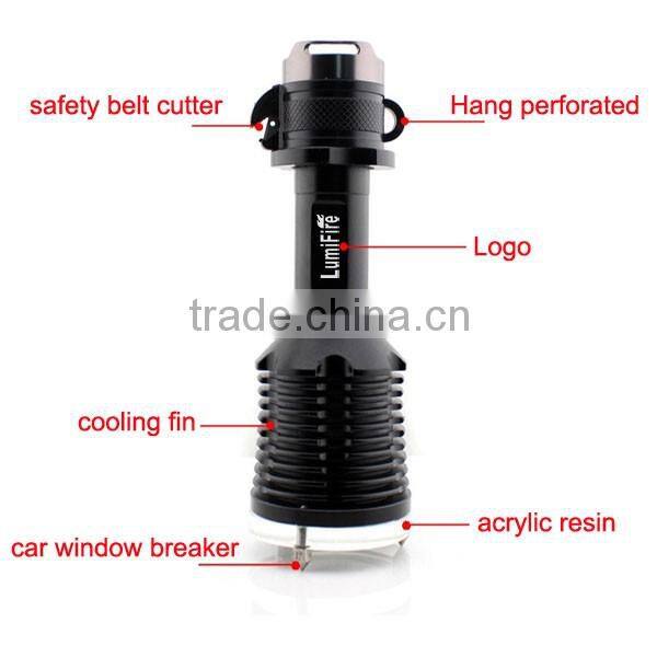 1158 New design!! XM-L T6 LED Ultra Power Aluminum Torch light rescue hammer led falshlight emergency safety