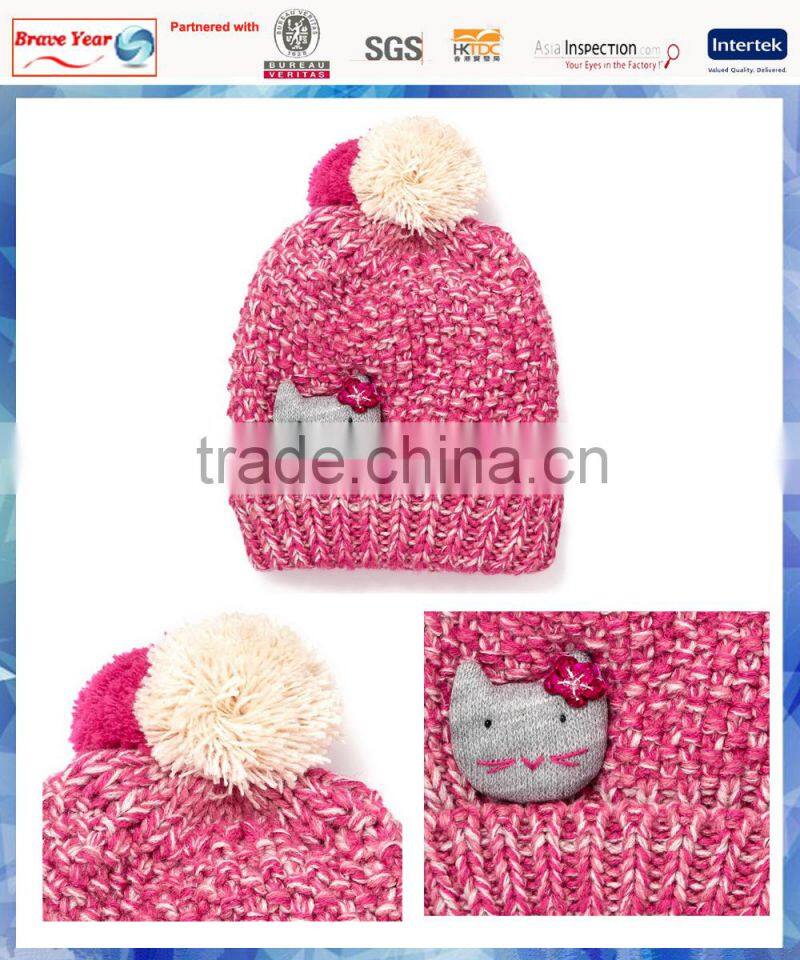 girls kitty embellished customizable hats/knit hat with ball top/kitty hat
