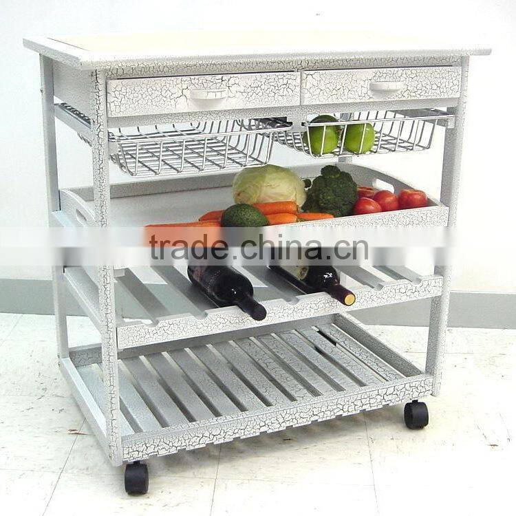 Wooden Kitchen Serving Trolley Service Cart with 4 Tiers and Wine Bottle Holders and Casters for Sale