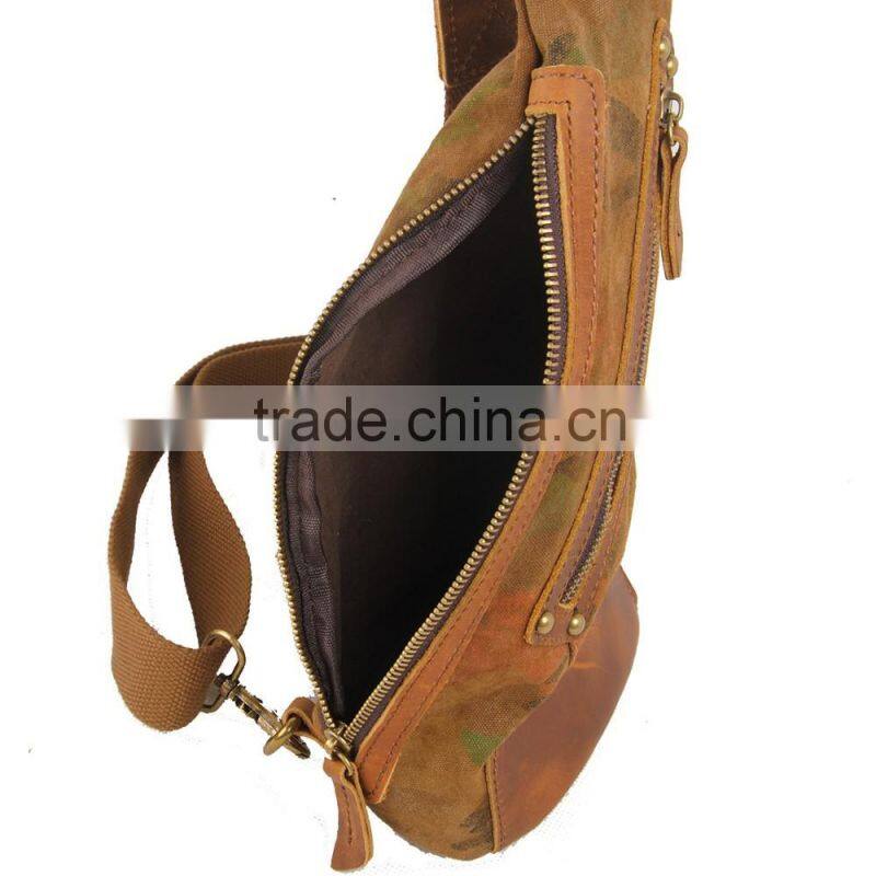 Wholesale canvas camouflage chest bag with leather trim canvas chest bag for man