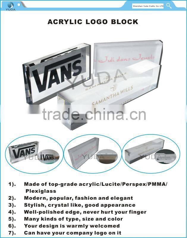 Clear acrylic brand block for company, plexiglass lucite plaque logo block for sale