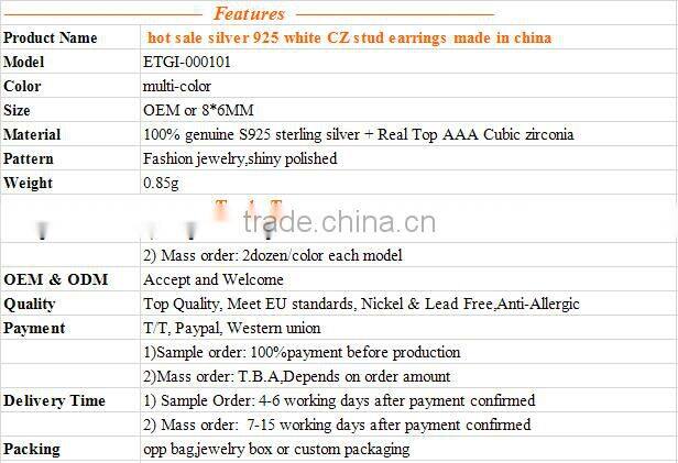 hot sale silver 925 white CZ stud earrings made in china ---ETGI-000101