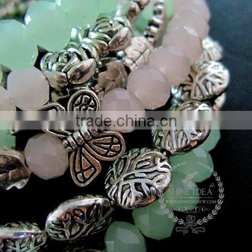 vintage antiqued silver rose flower leaf butterfly bird ice green pink beads 2 layers fashion wiring bangle bracelet 6490051